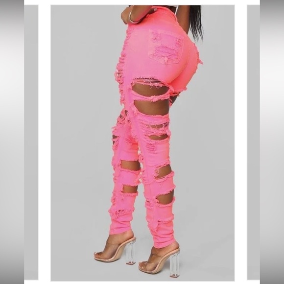 Neon Pink Ripped Jeans - Picture 2 of 2